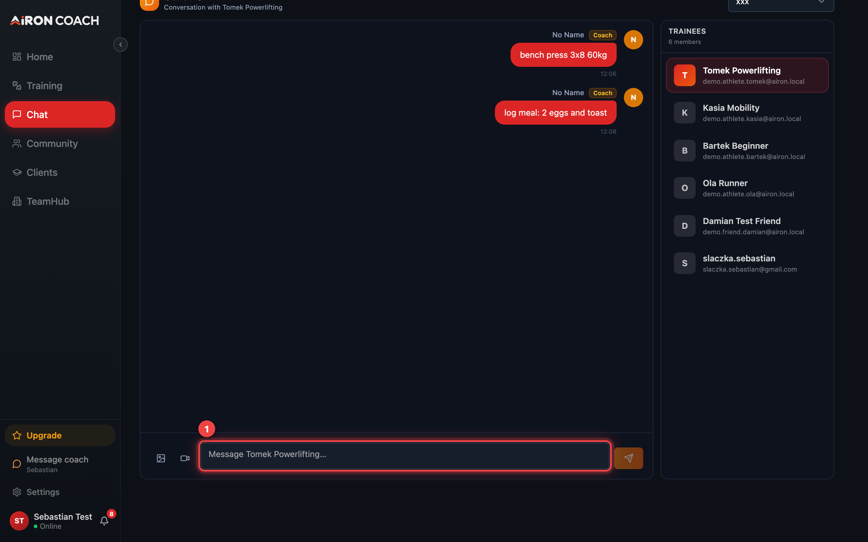 The AI coach conversation with the message composer highlighted.