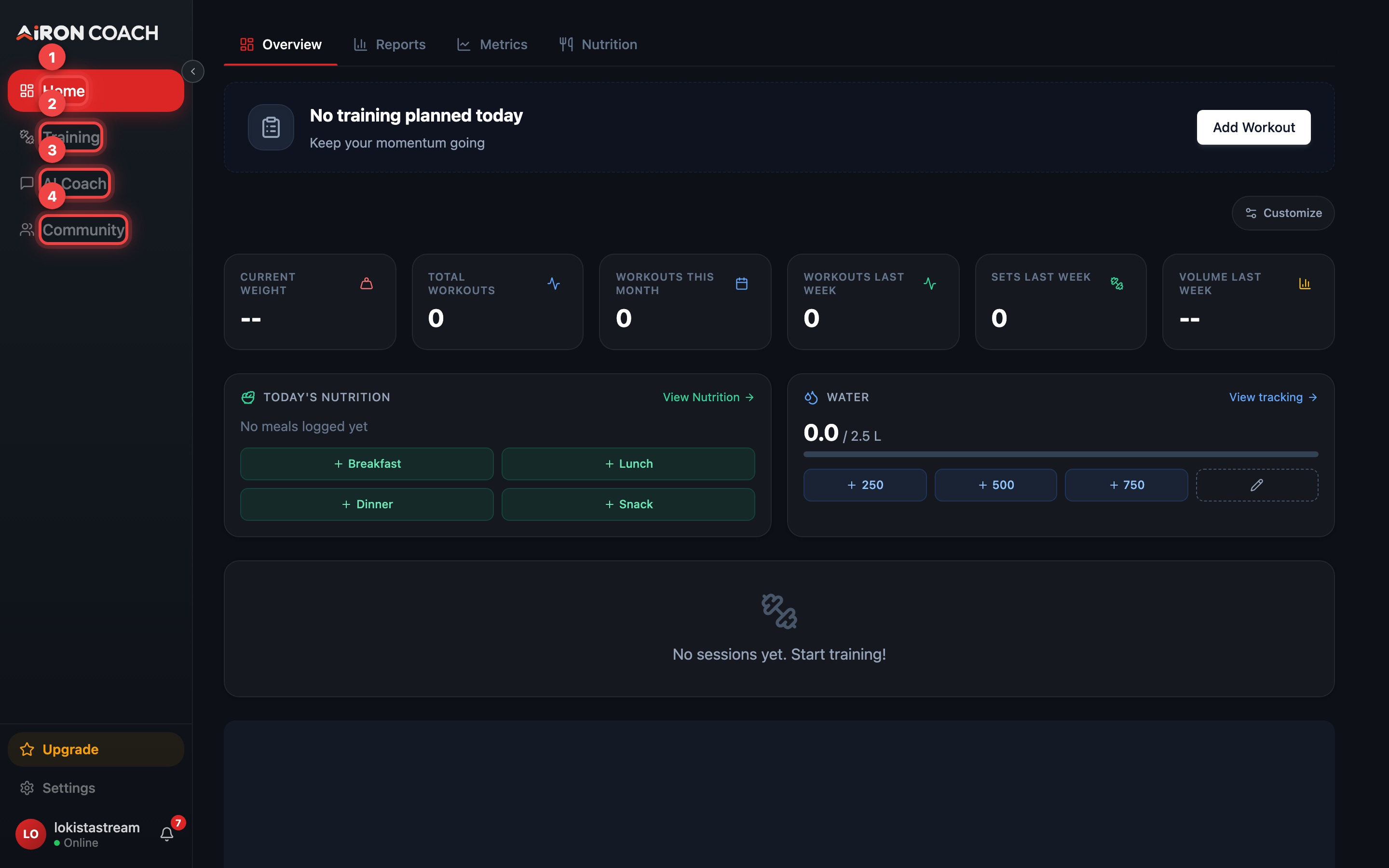 The app sidebar with Home, Training, AI Coach and Community highlighted.