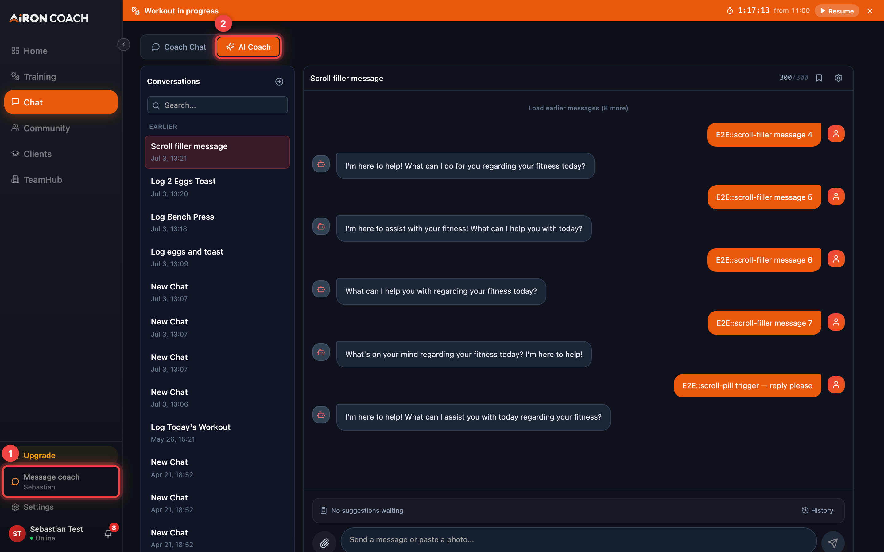 Chat with Coach Chat and AI Coach tabs.