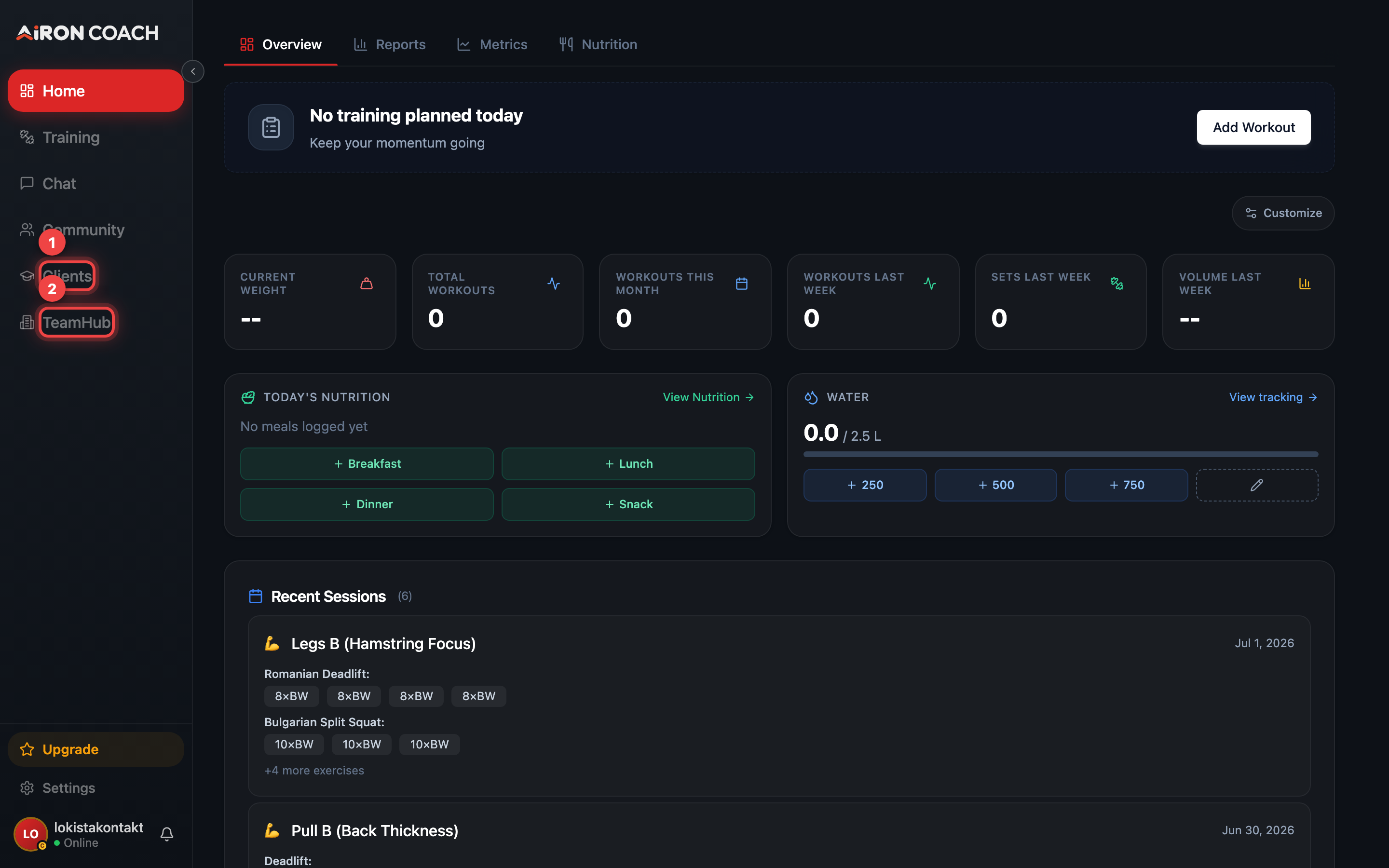 The sidebar with the coach-only Clients and TeamHub entries highlighted.