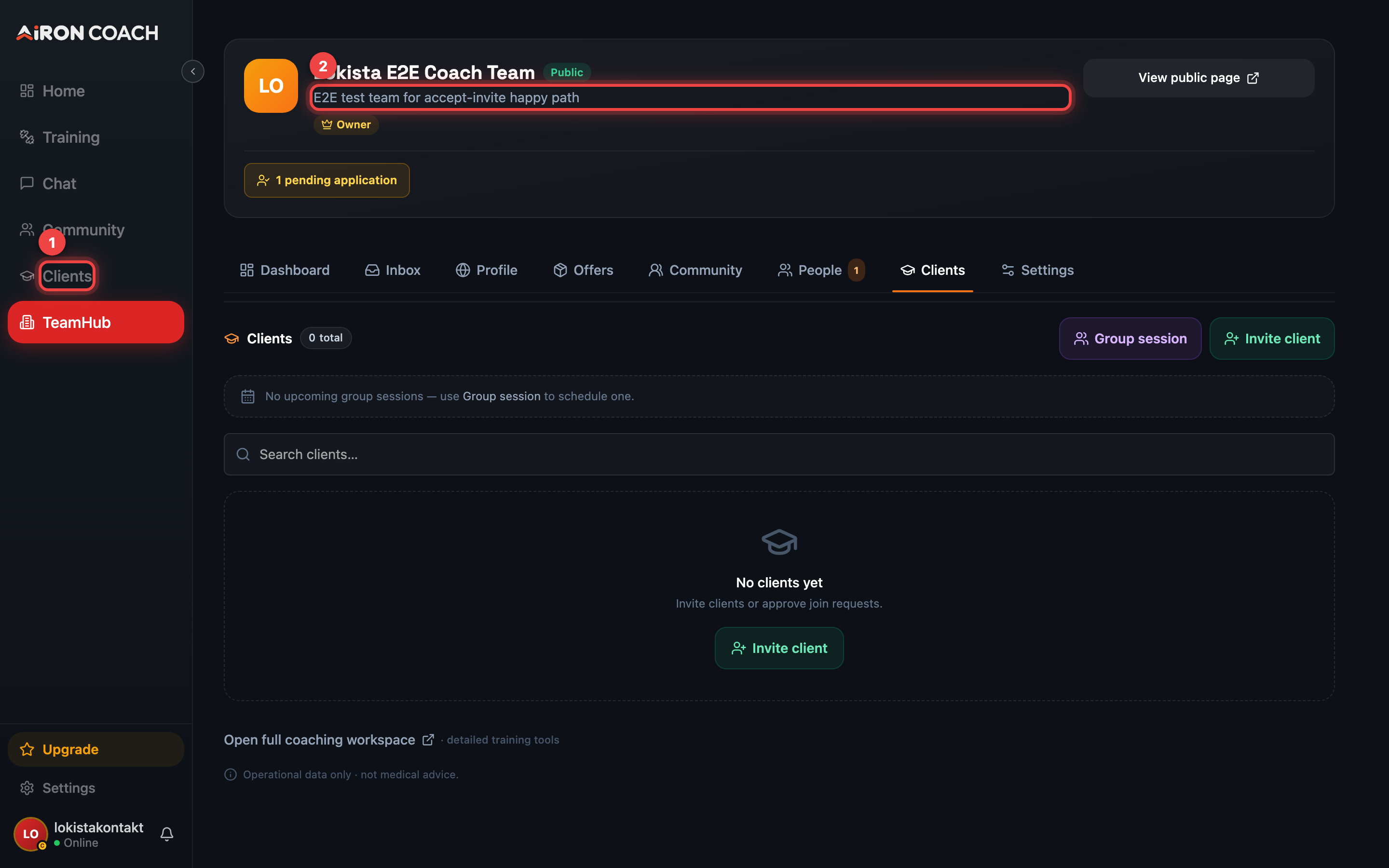 TeamHub Clients list with invite.