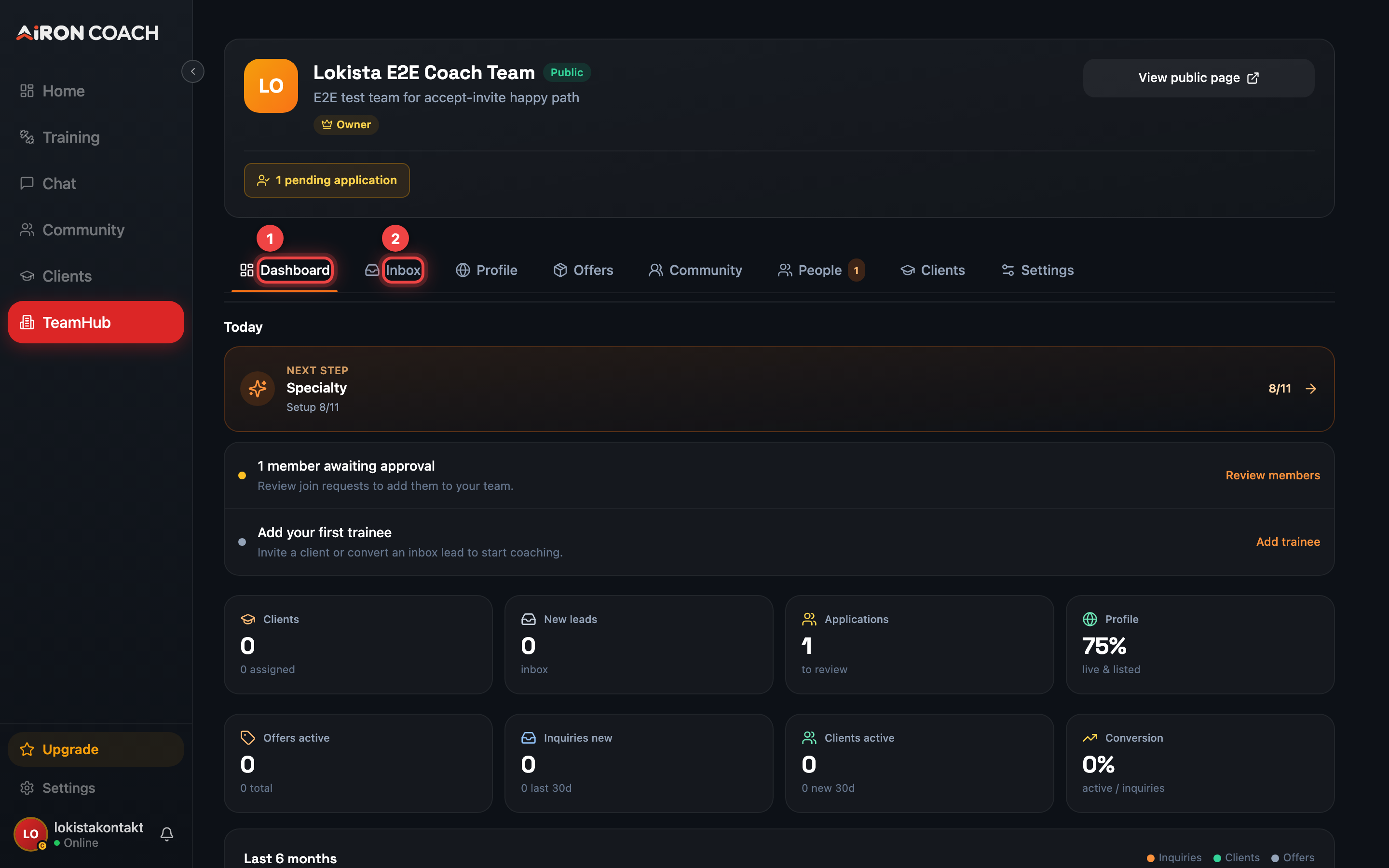 TeamHub showing its sections, with the enquiry inbox highlighted.