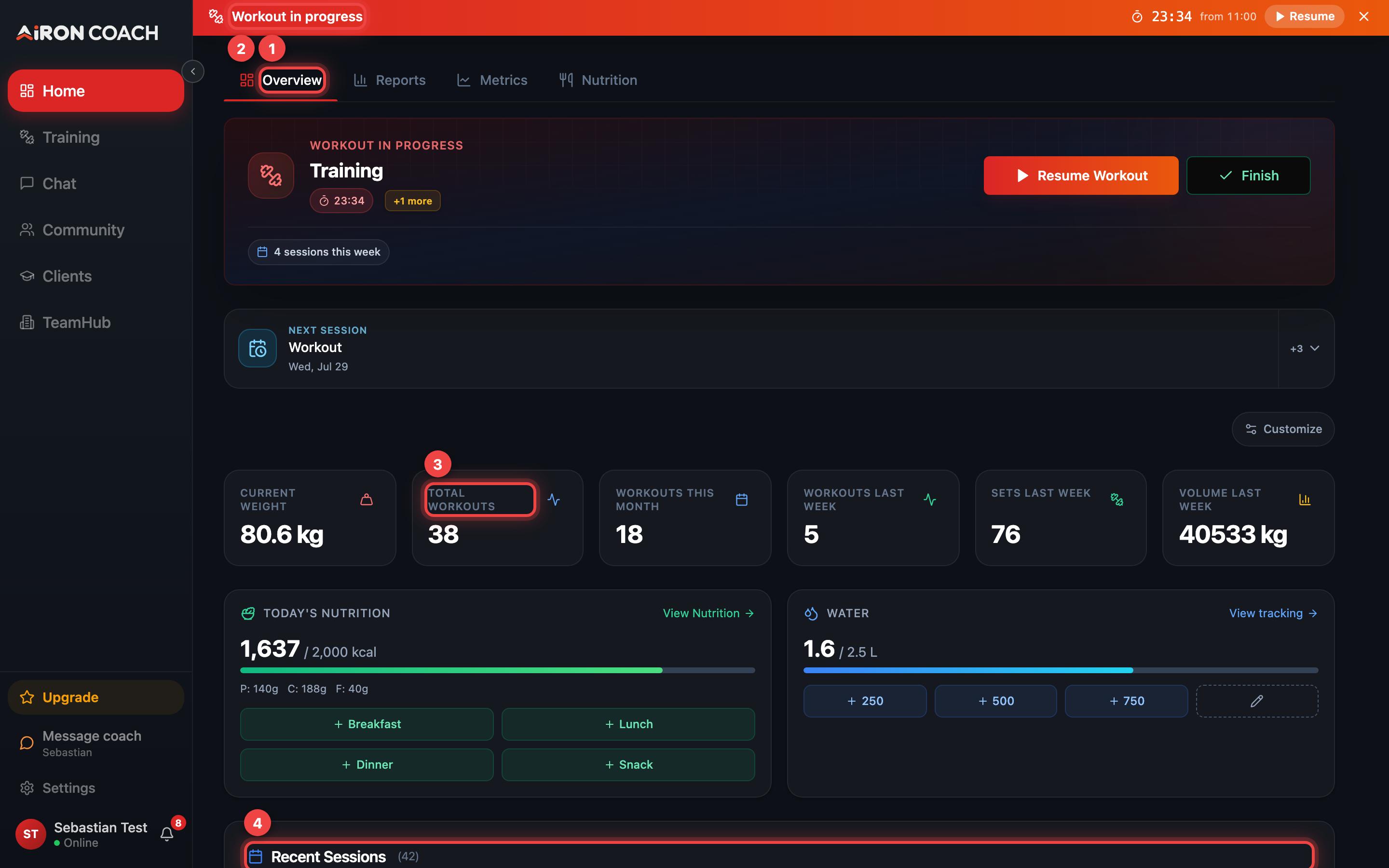 Home dashboard with Overview tab and today's training card.