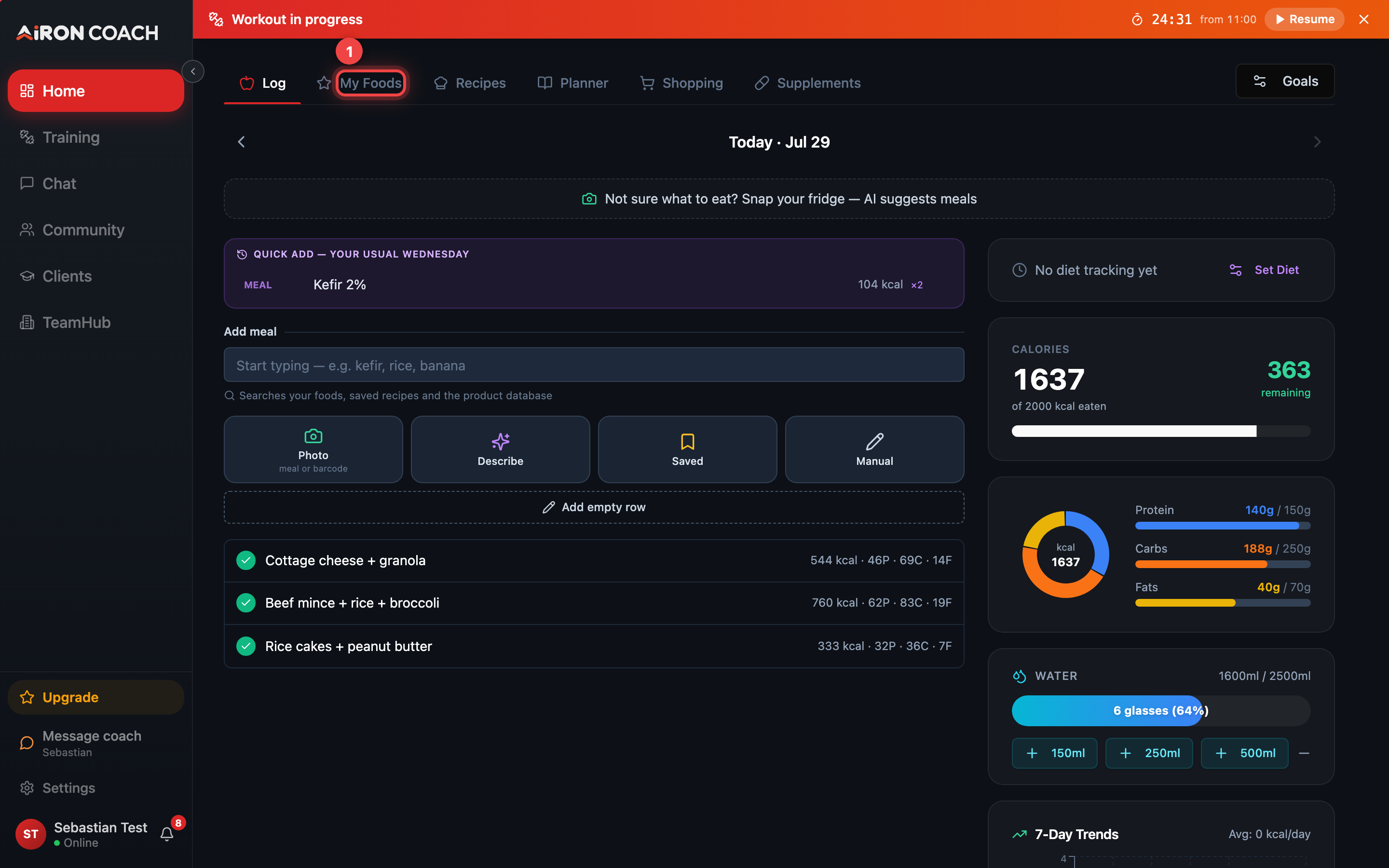 Nutrition log with macro rings and tab row.