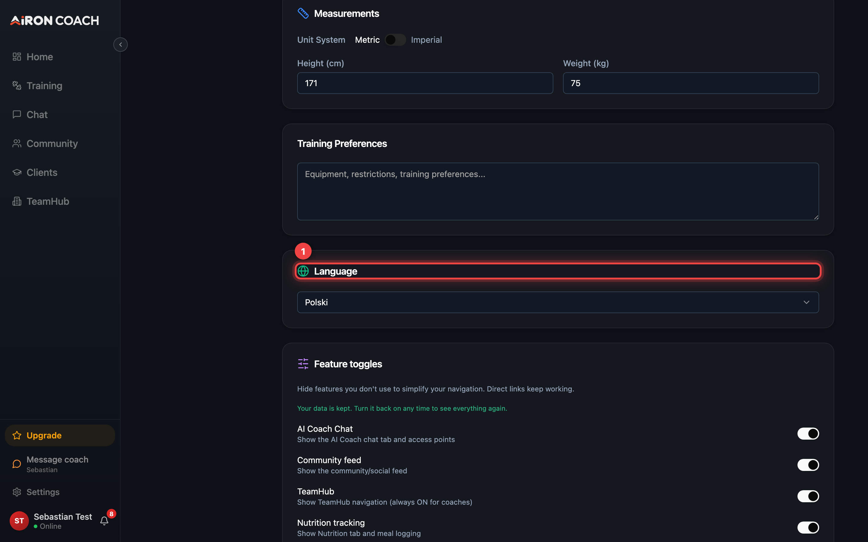 Settings Account tab with language.