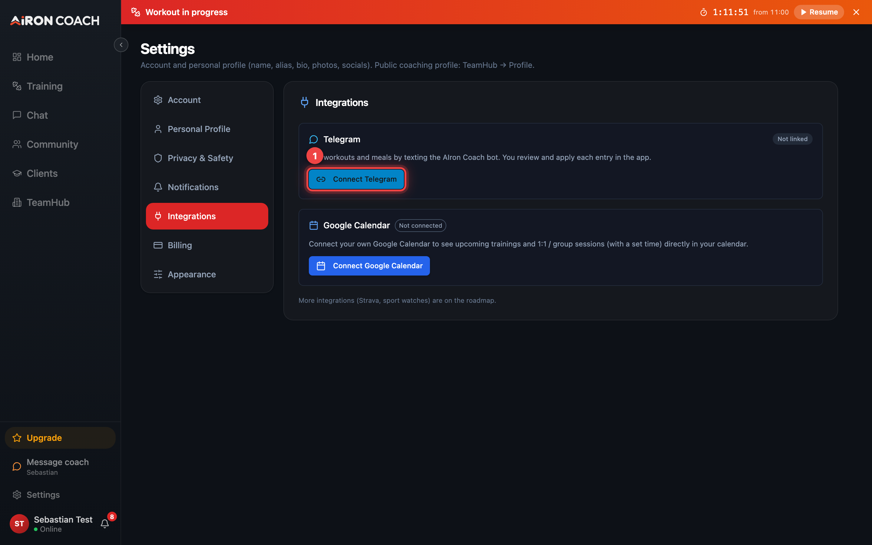 Settings with Integrations tab open.