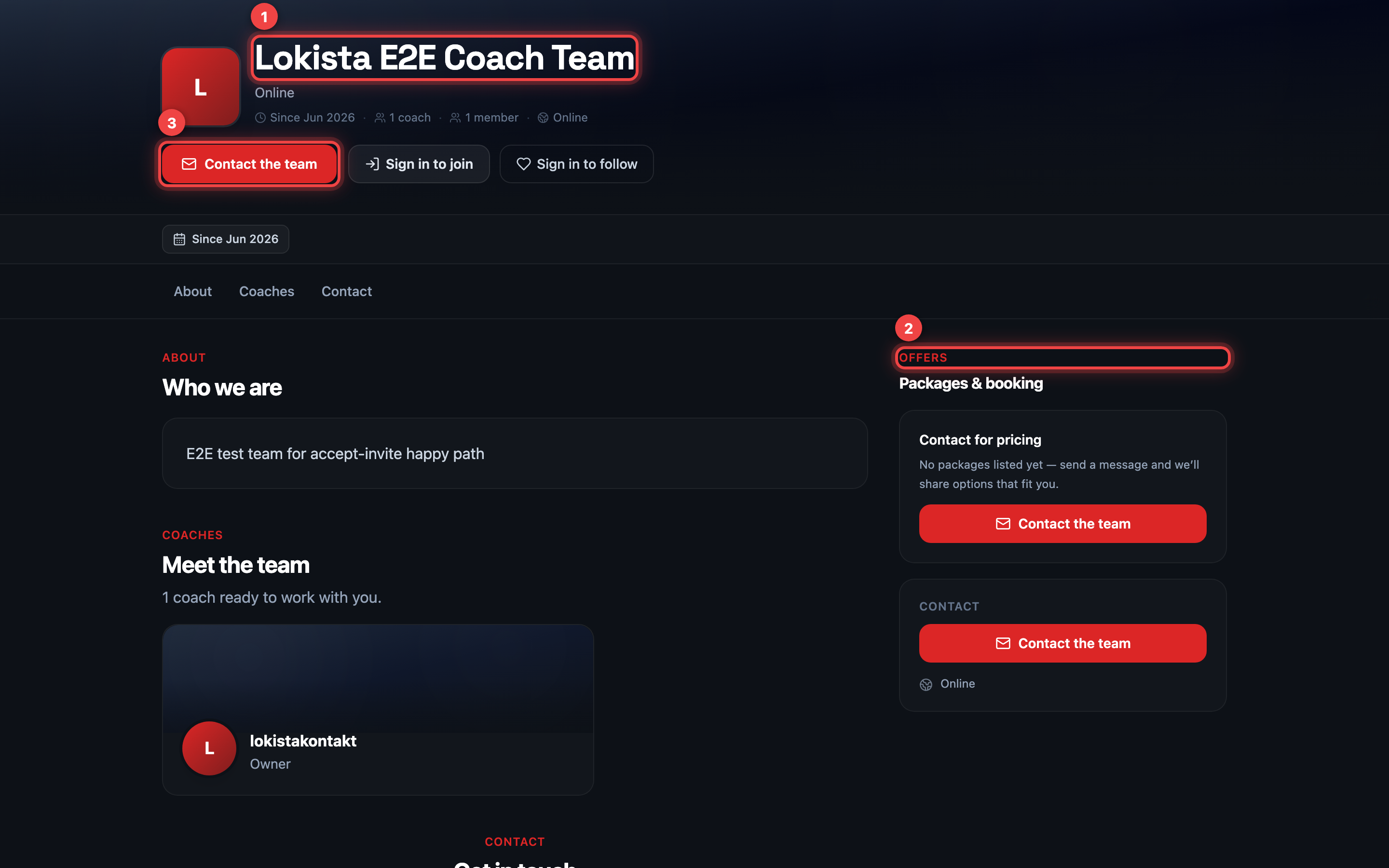 Public team page with offers and contact.