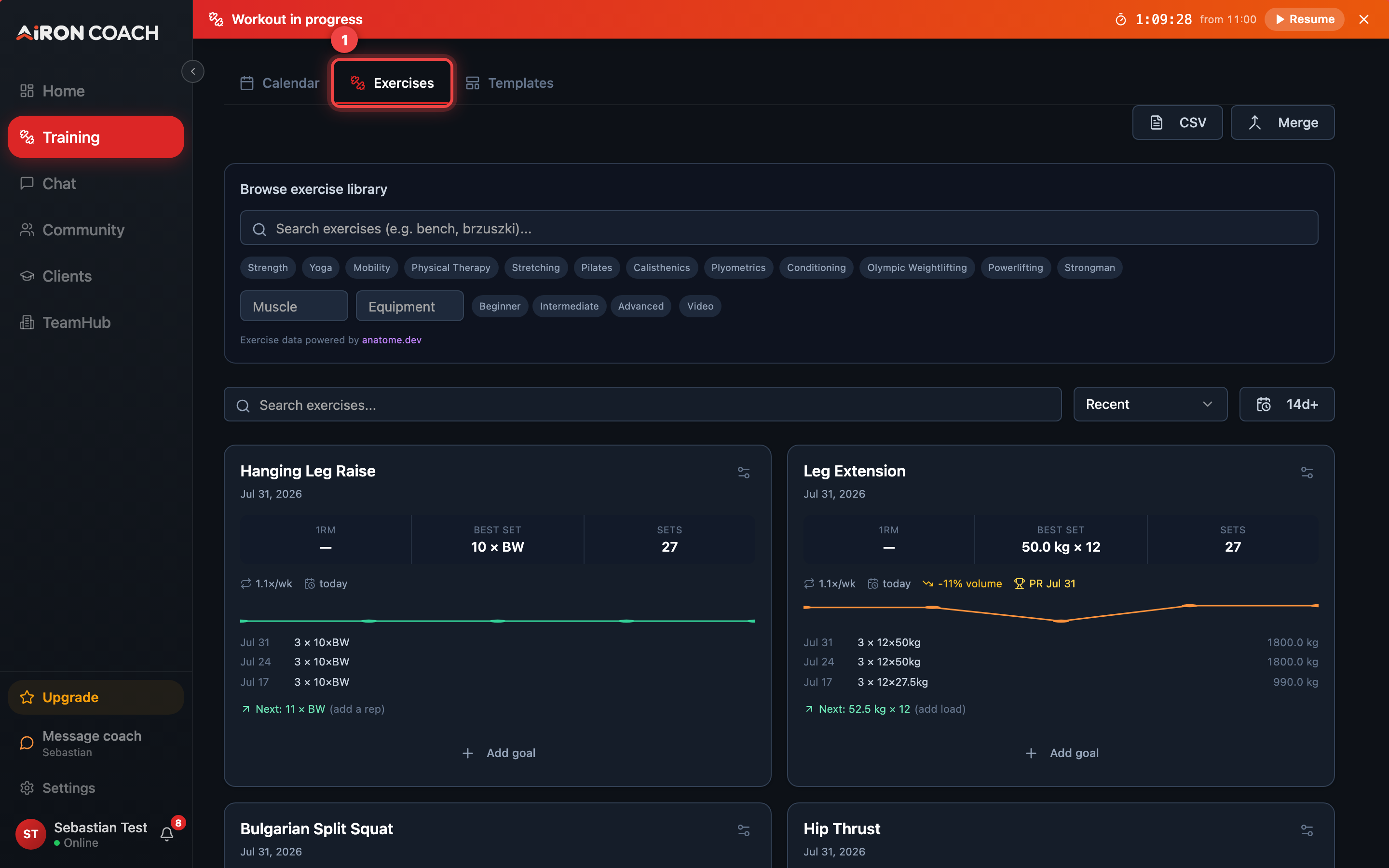 Training Exercises tab with the exercise library.