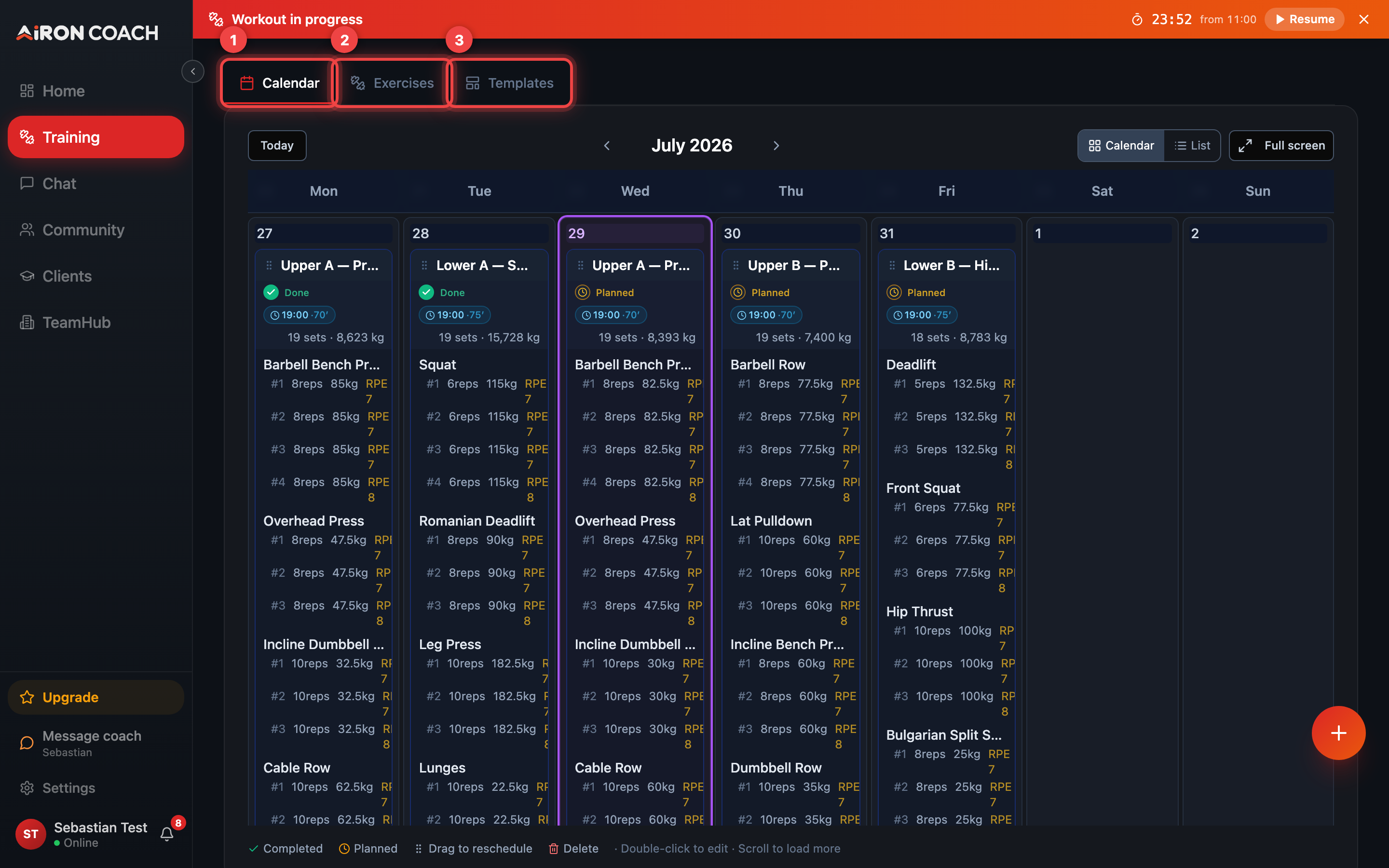 Training hub with Calendar, Exercises and Templates.