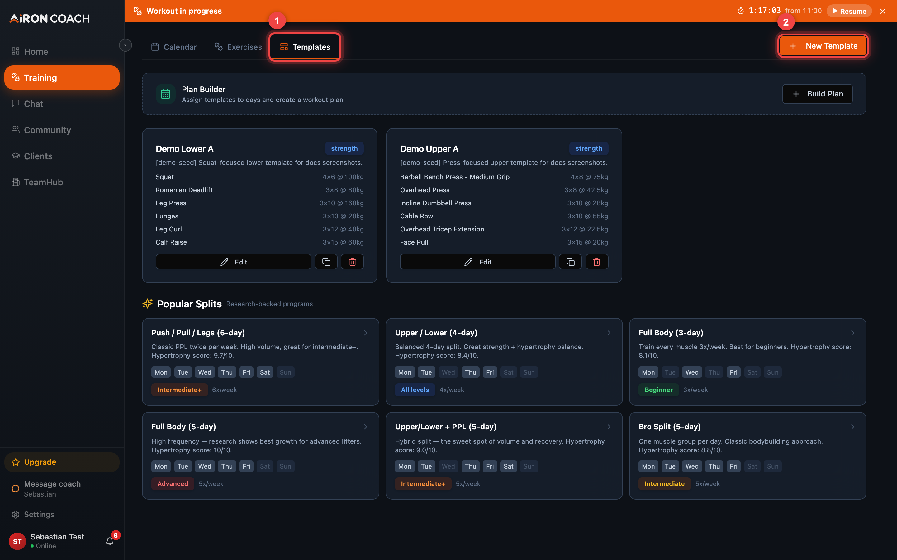 Training Templates tab with Plan Builder.