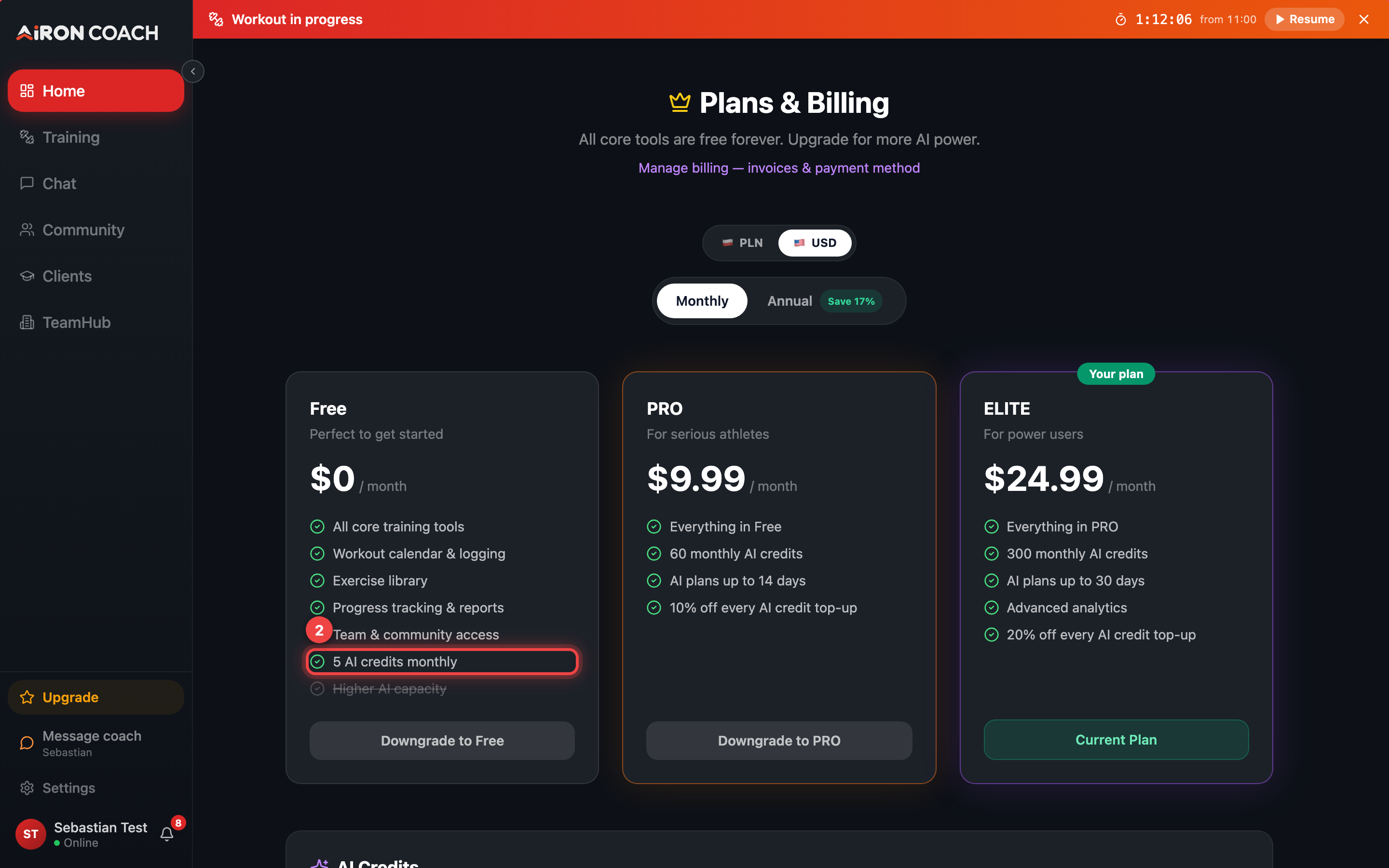 The Upgrade page comparing the Free, PRO and ELITE plans.
