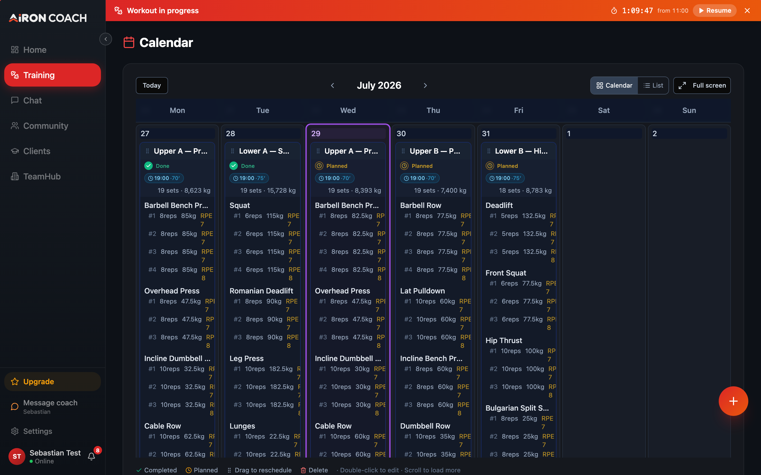 Workout calendar grid for the month.