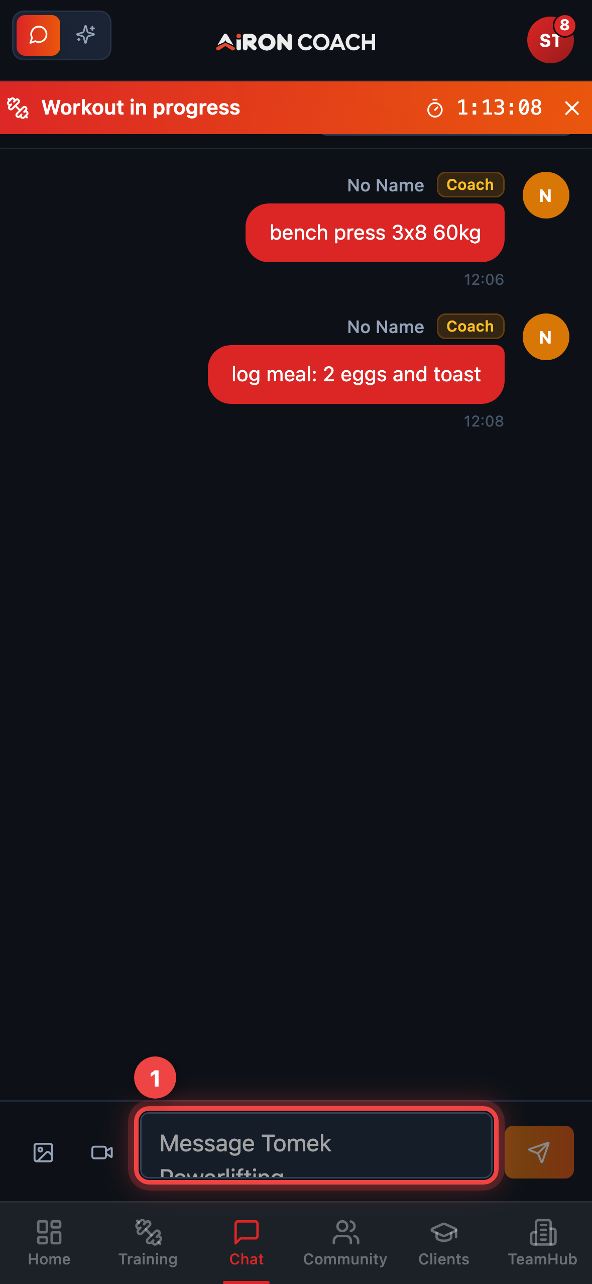 The AI coach conversation with the message composer highlighted.
