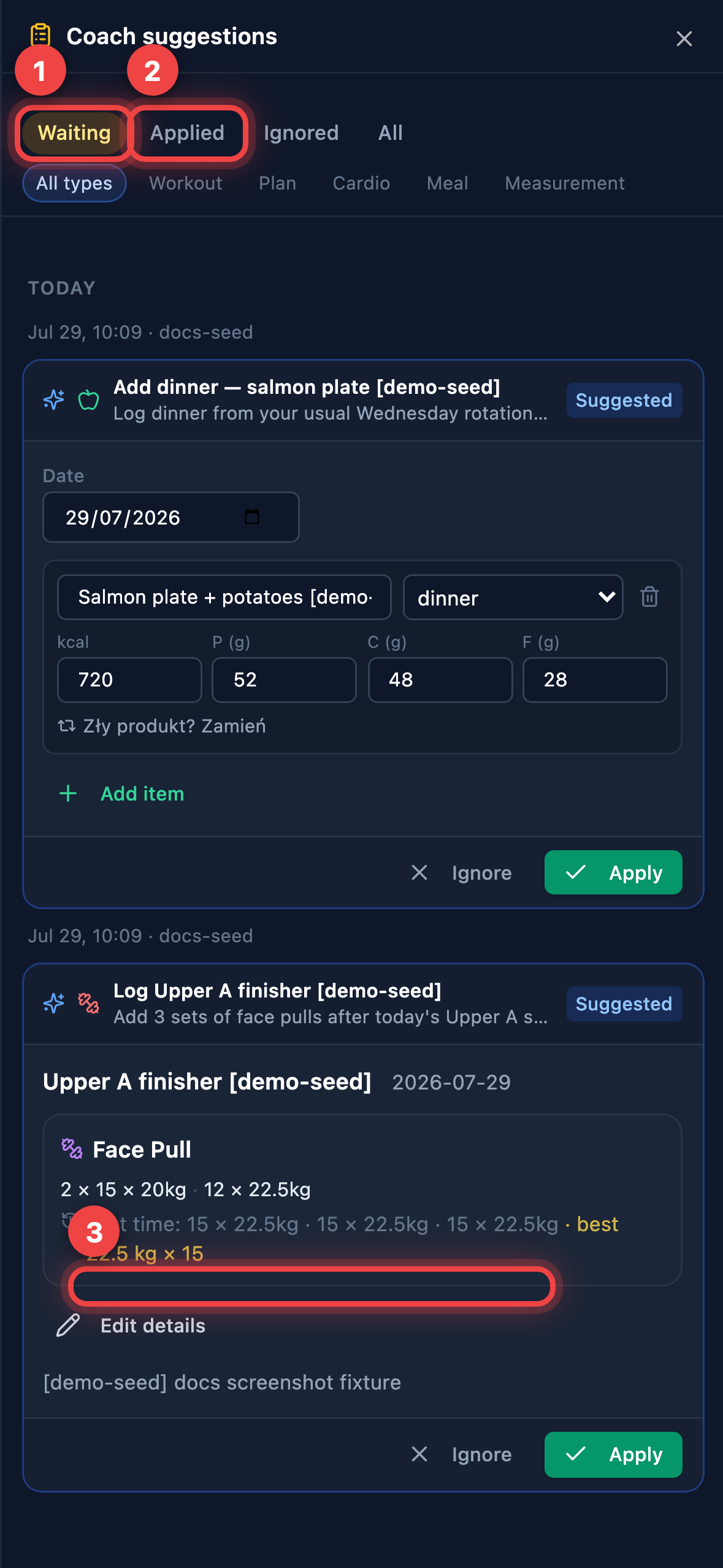 Coach suggestions History sheet filtered to Waiting.
