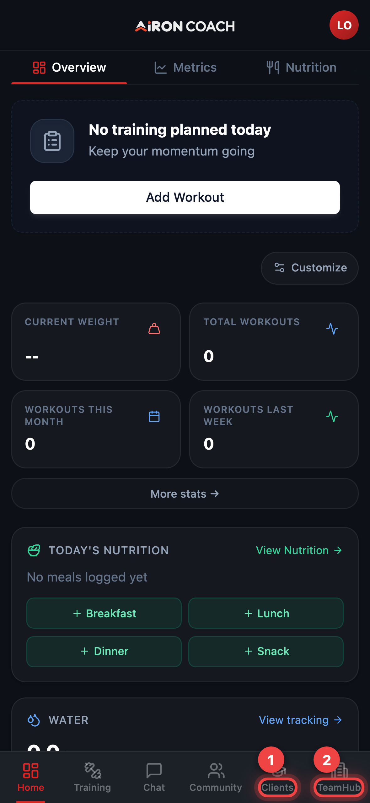 The sidebar with the coach-only Clients and TeamHub entries highlighted.