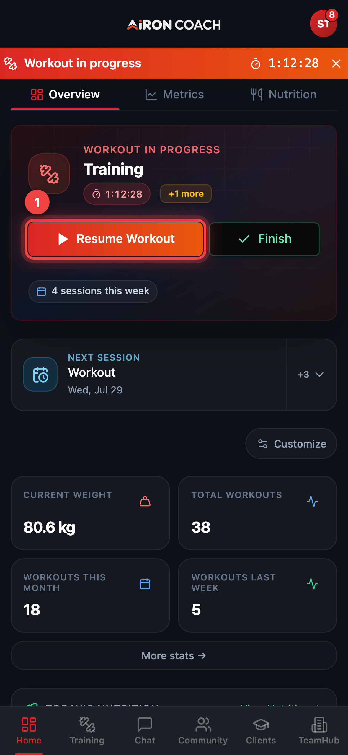 Home banner for a workout in progress with Resume.