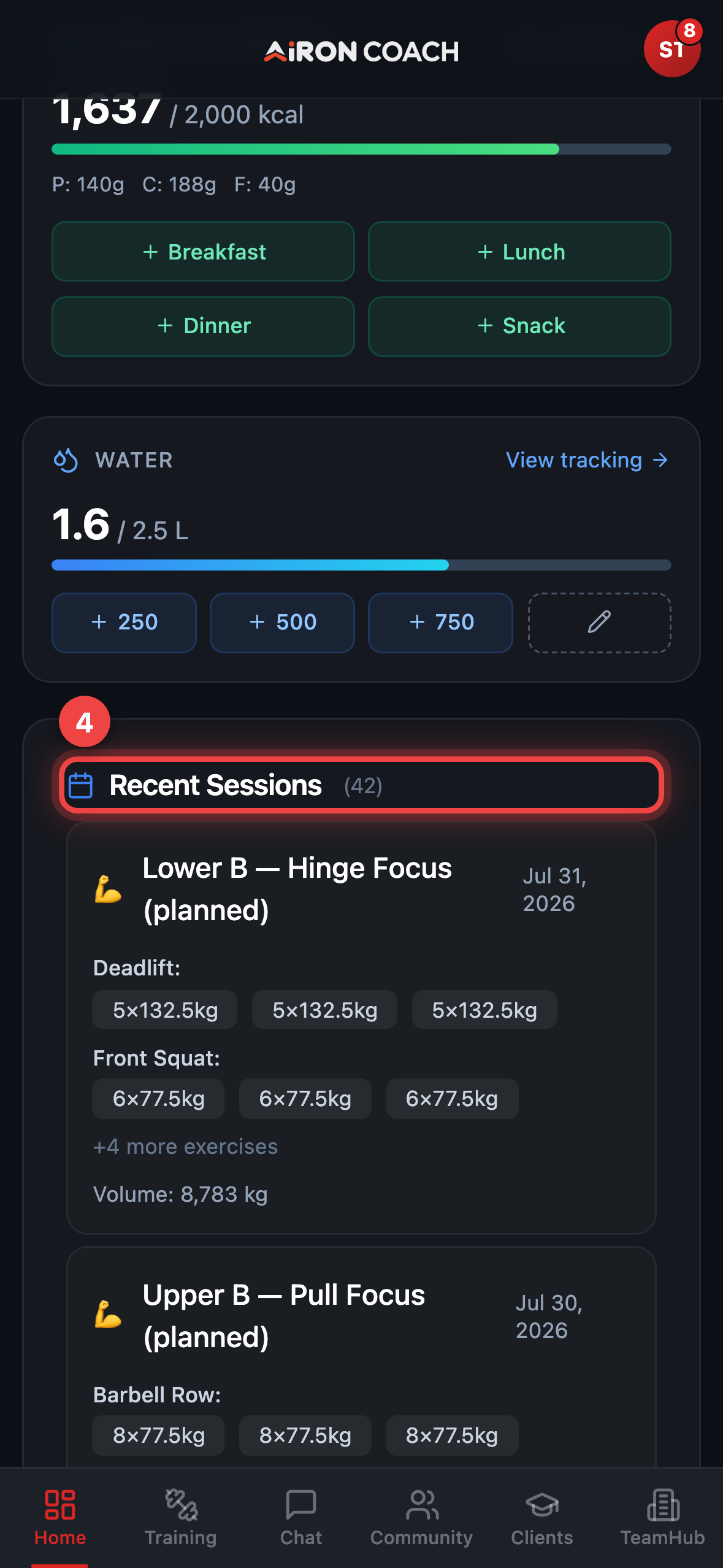 Home dashboard with Overview tab and today's training card.