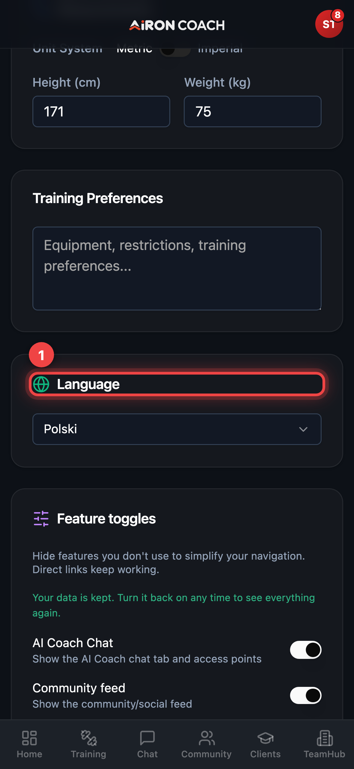 Settings Account tab with language.