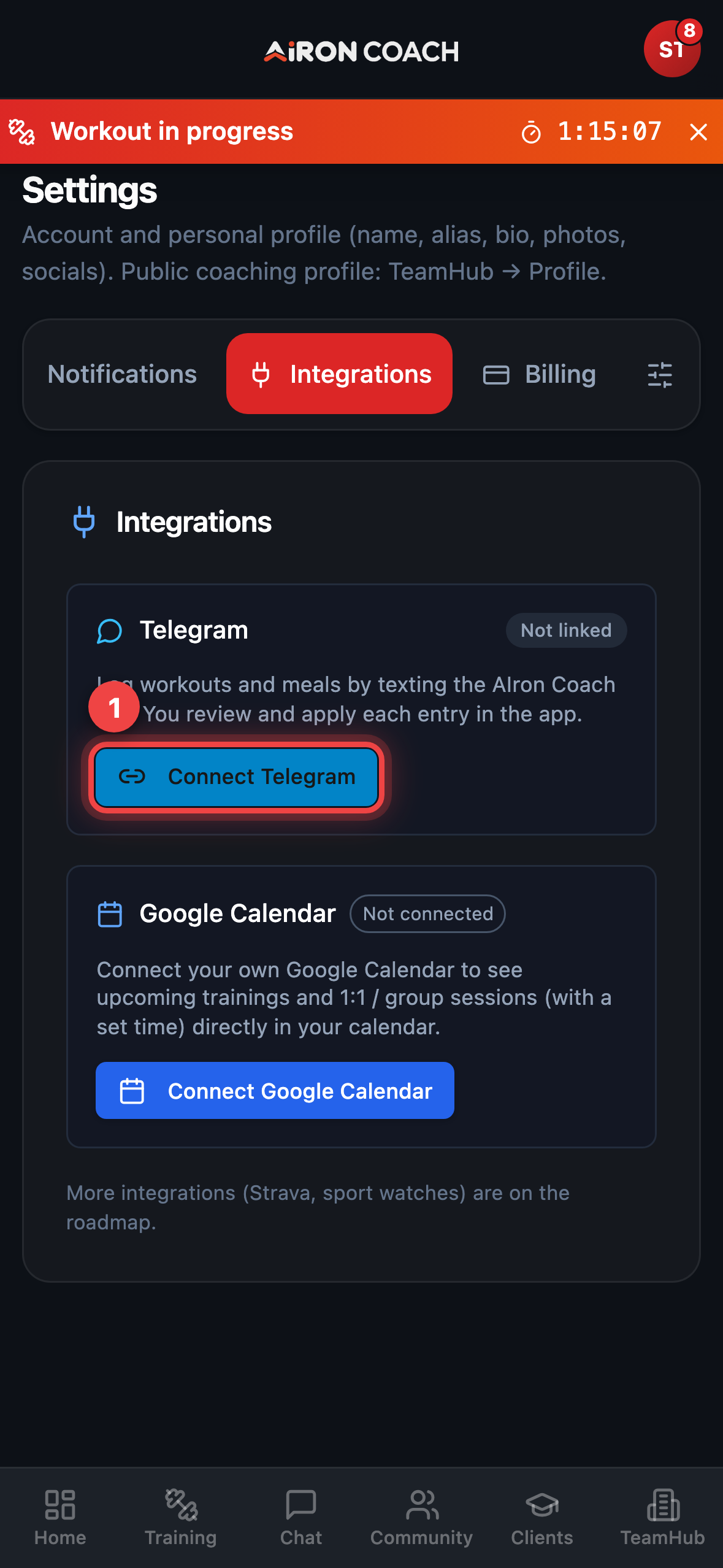 Settings with Integrations tab open.