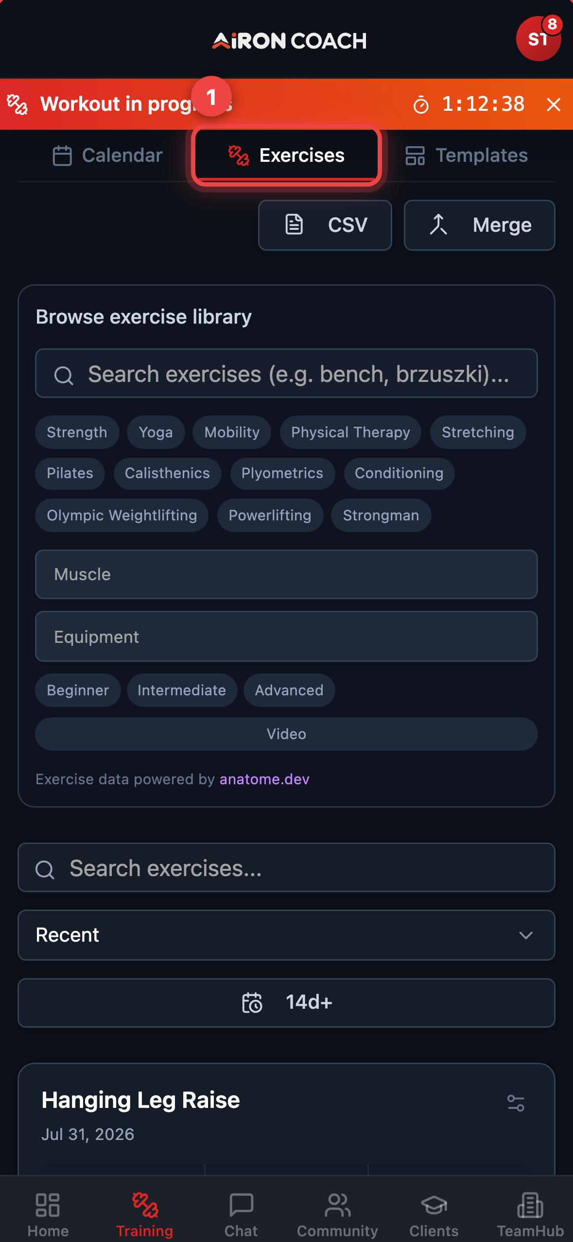 Training Exercises tab with the exercise library.