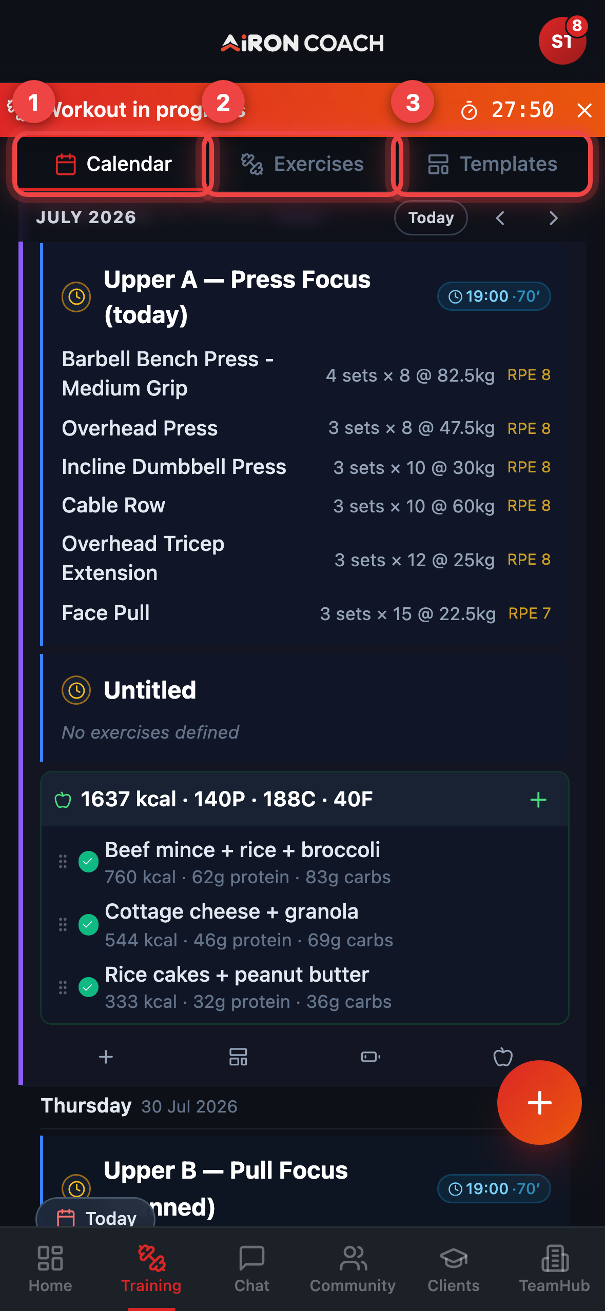 Training hub with Calendar, Exercises and Templates.