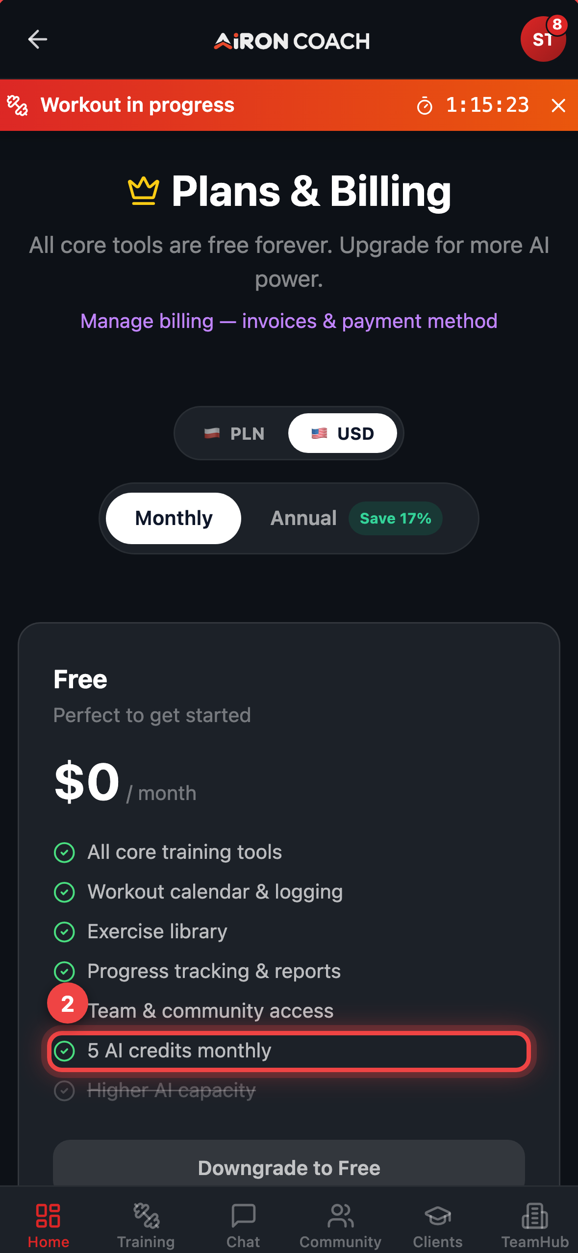 The Upgrade page comparing the Free, PRO and ELITE plans.